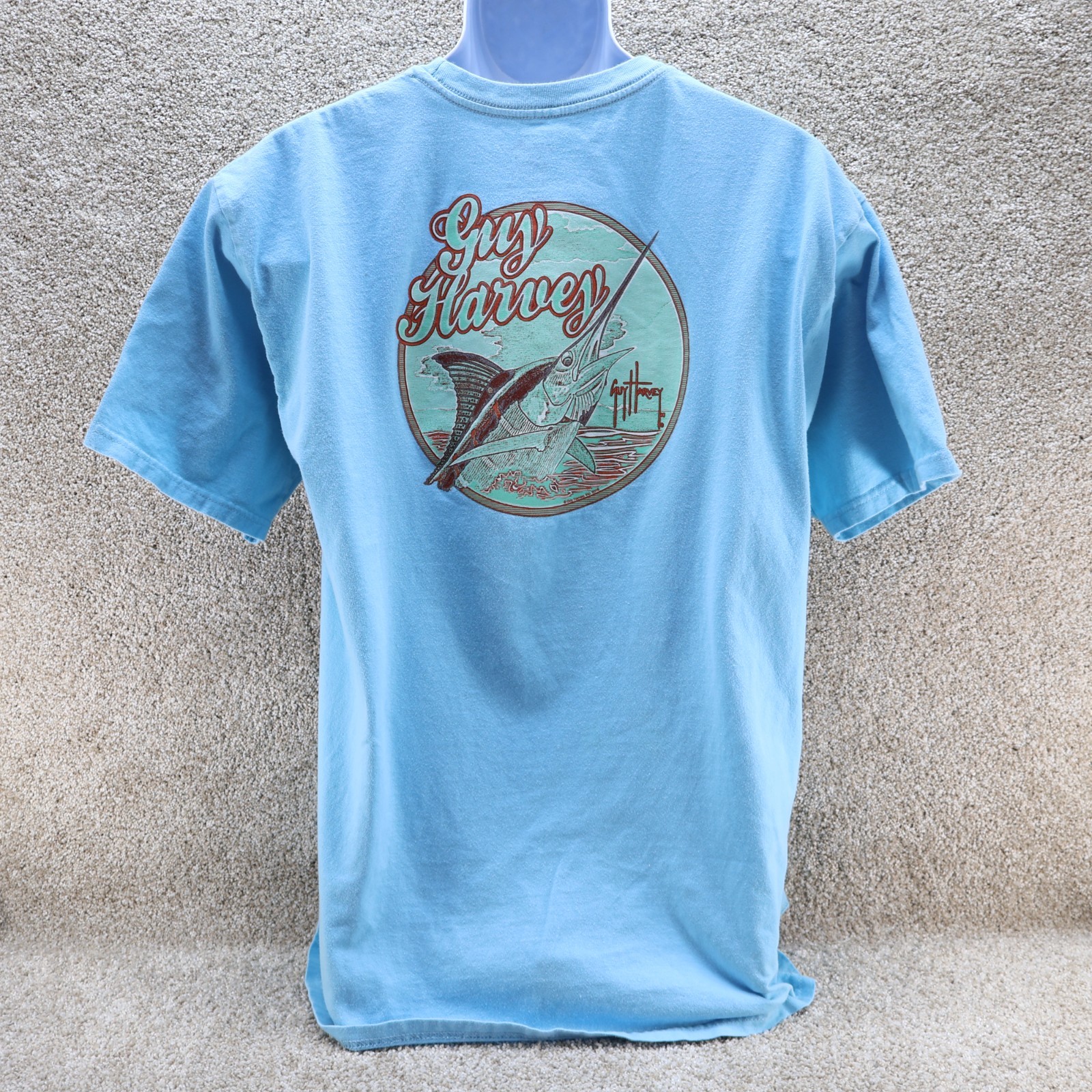 Guy Harvey Mens Large Graphic T Shirt Blue Marlin Fish (see photo for flaw)