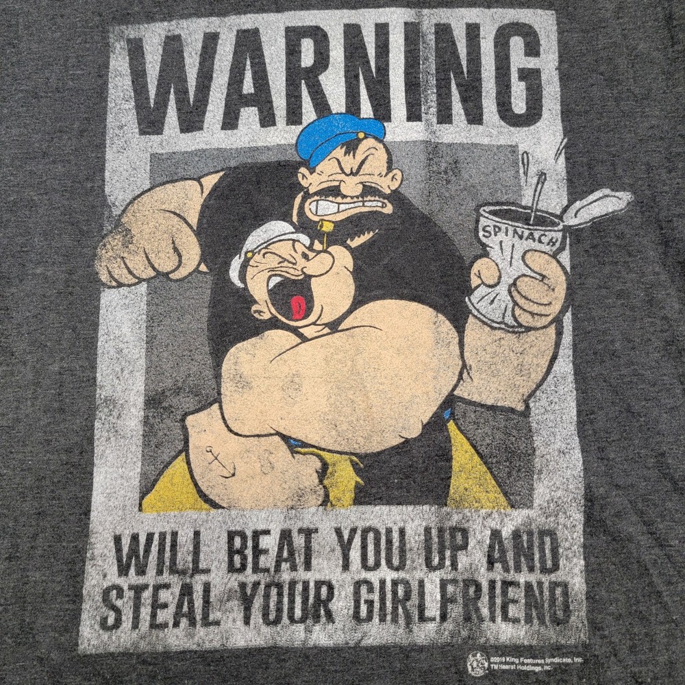 Tee Luv Mens Dark Grey Popeye/Brutus Warning Beat you up steal your GF T-shirt L