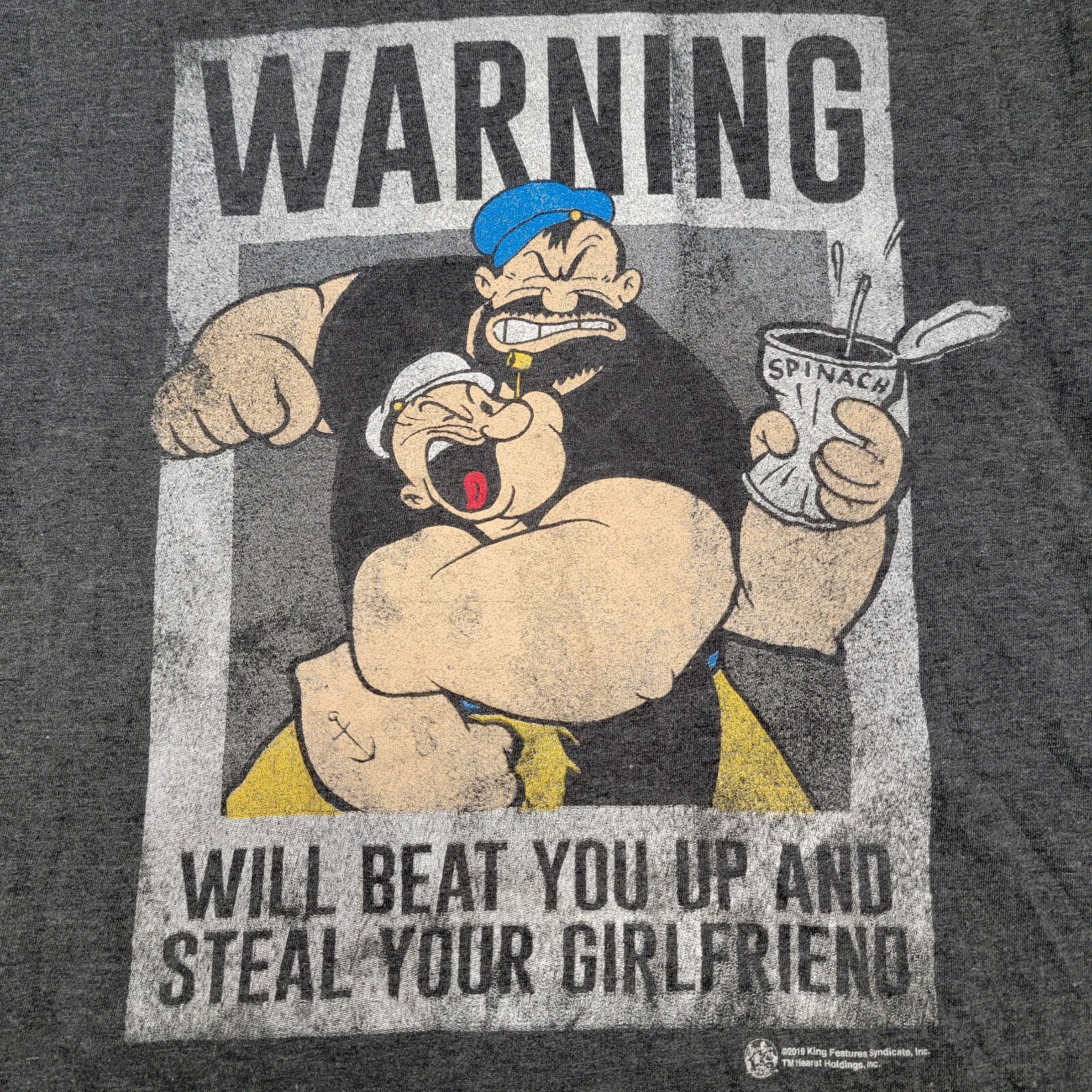 Tee Luv Mens Dark Grey Popeye/Brutus Warning Beat you up steal your GF T-shirt L