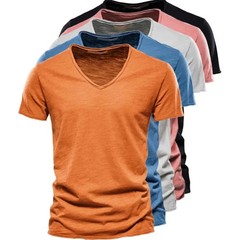 2024 hot summer men’s new solid color V-neck pure cotton short sleeved T-shirt h