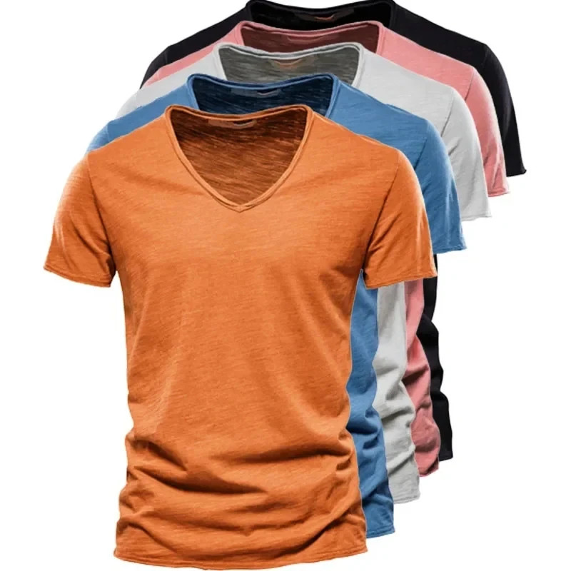 2024 hot summer men's new solid color V-neck pure cotton short sleeved T-shirt h gallery