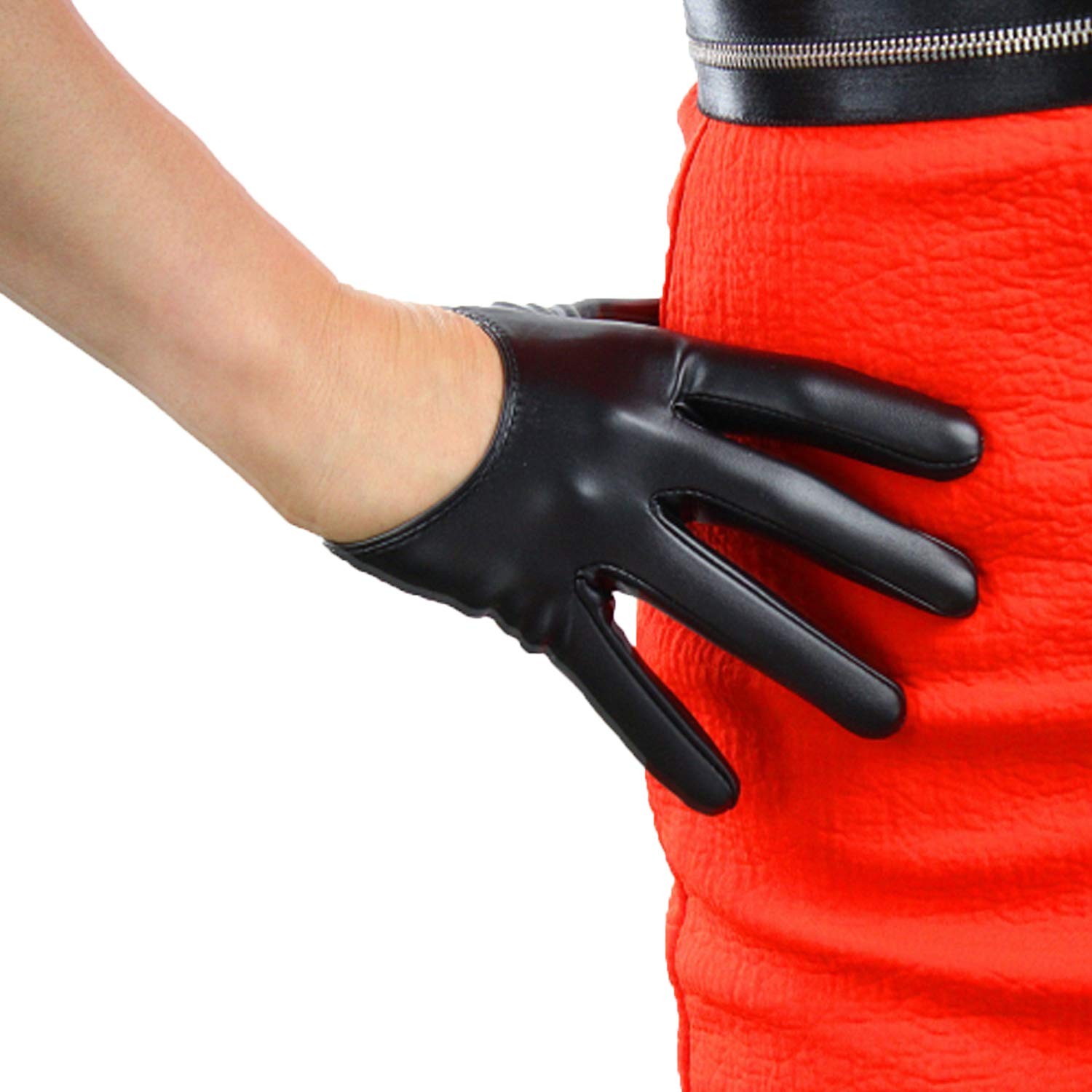 DooWay Women's Black Half Palm Leather Gloves 13cm 5" Extra Short Faux PU for gallery
