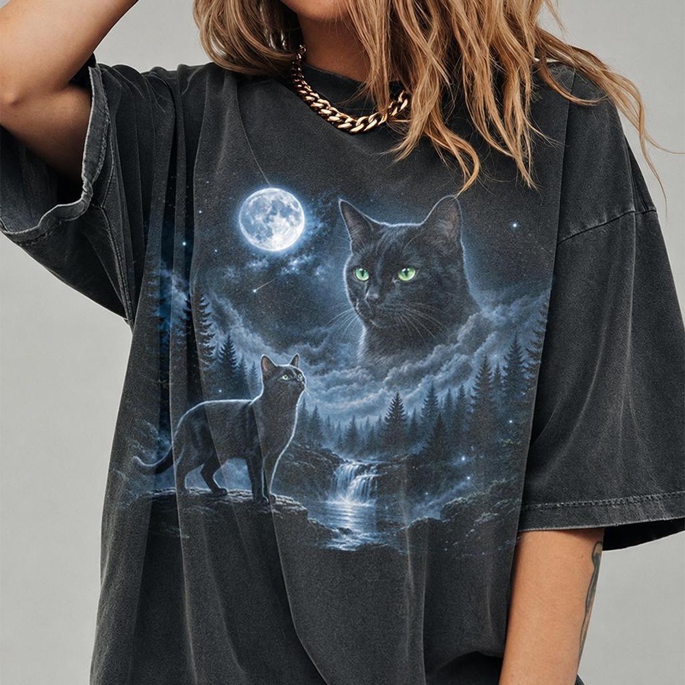 Black Cat Moon Shirt Funny Halloween Cat Graphic Tee Unisex