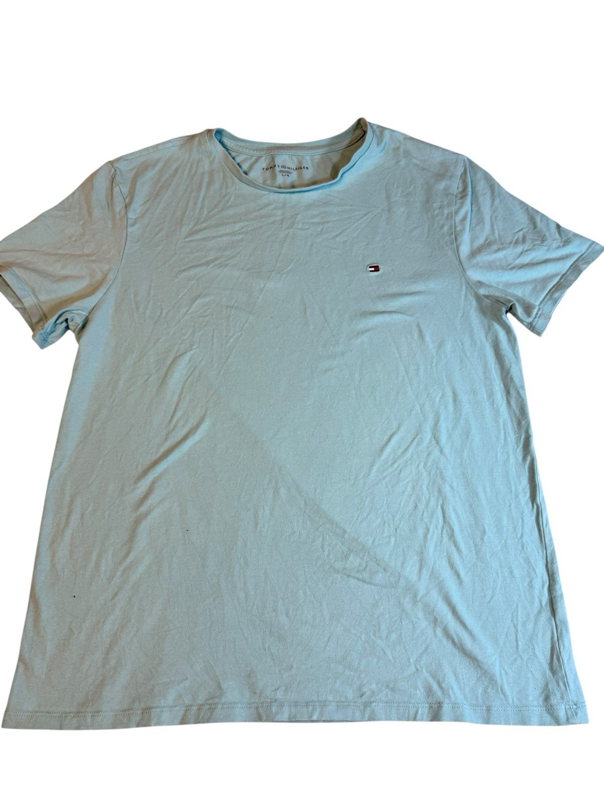 Tommy Hilfiger Mens T-Shirt Size L Light Blue Logo Print Cotton Designer T25 gallery