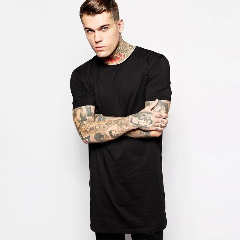 Mens Longline T-Shirt Cotton Hip Hop Extra Long Length White Tall Tee Top gallery