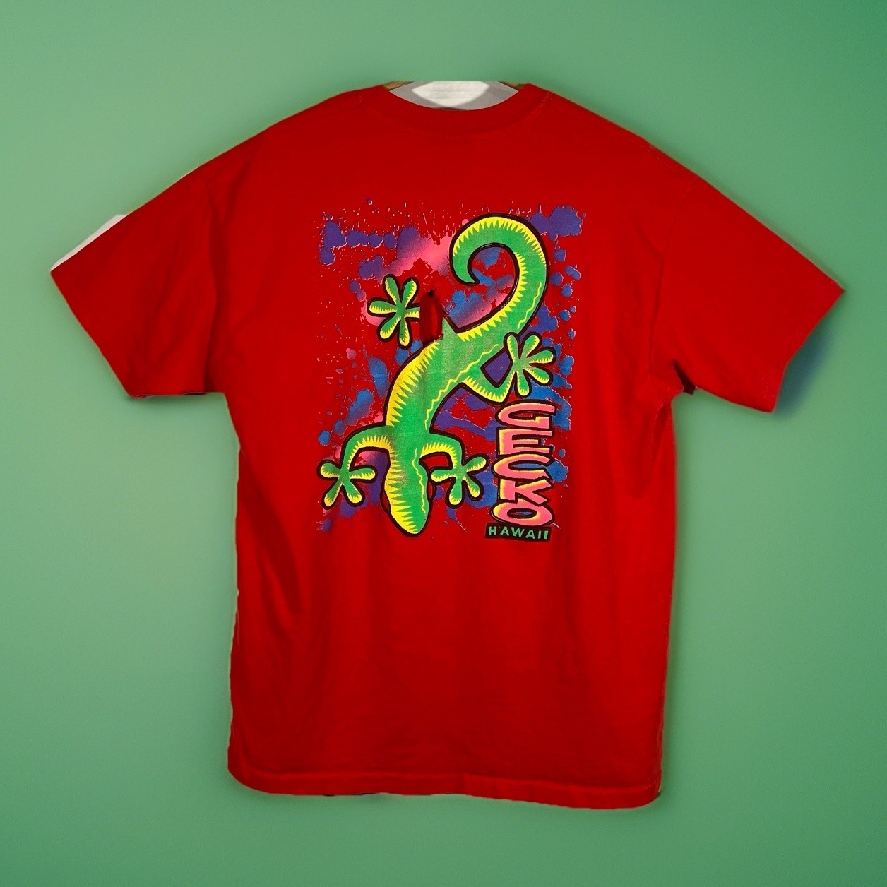 Vintage 90s Gecko Hawaii Graphic T Shirt Red Neon Lizard Logo Single Stitch XL