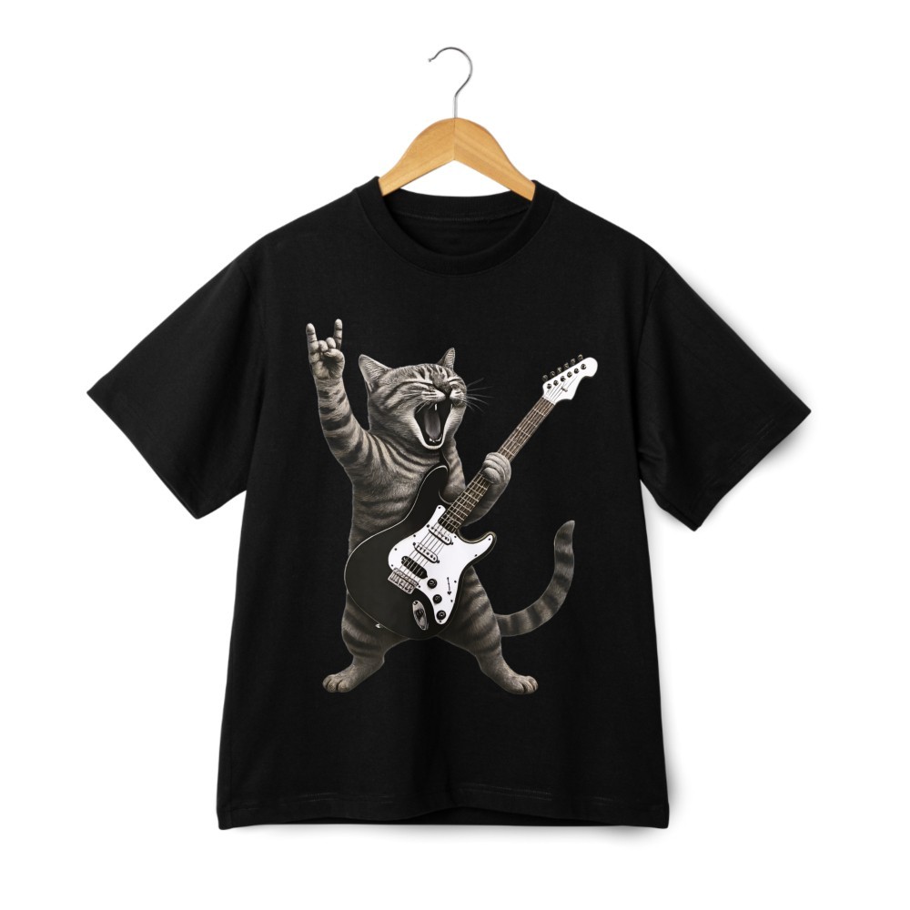 Rock’N Roll Cat Guitar Playing Funny Music Graphic T-Shirt Retro Kitty Tee