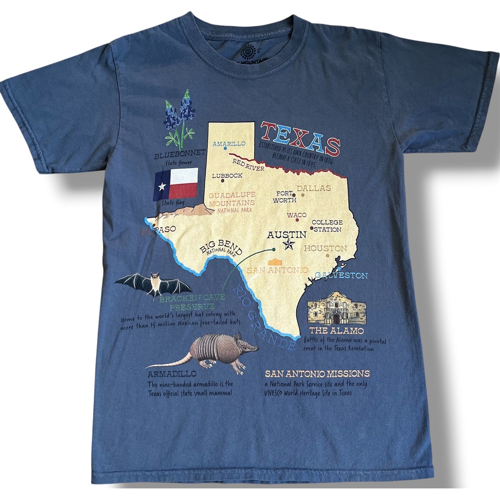 The Mountain Texas Map Graphic T-Shirt Blue Souvenir Cotton Mens Small S gallery