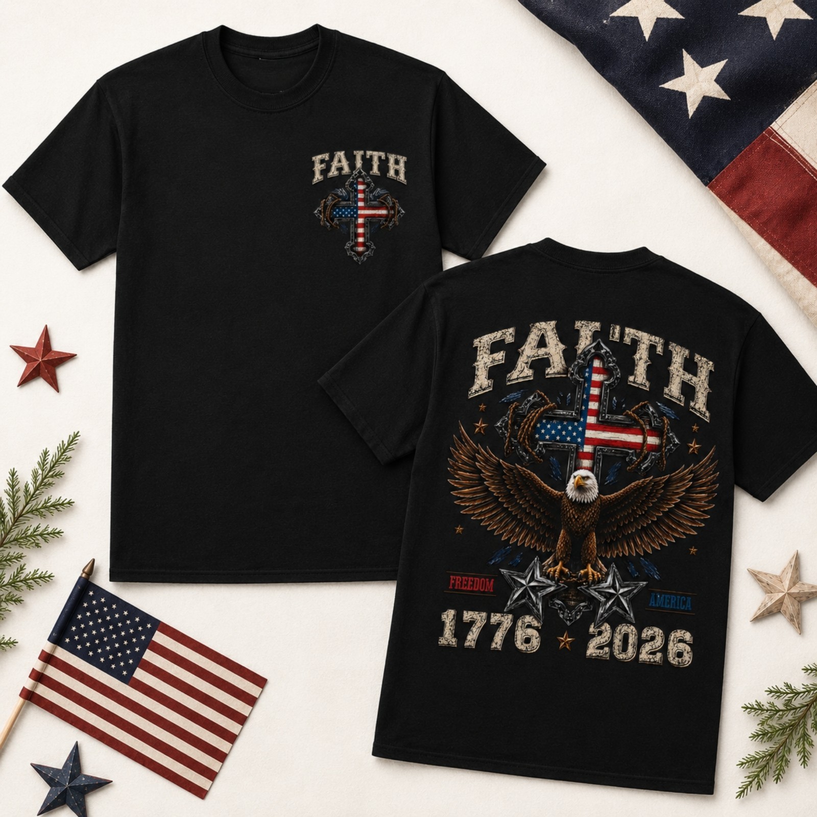 Faith Freedom America Shirt Patriotic Christian Cross Eagle 1776 2626 Tee(S-5XL)
