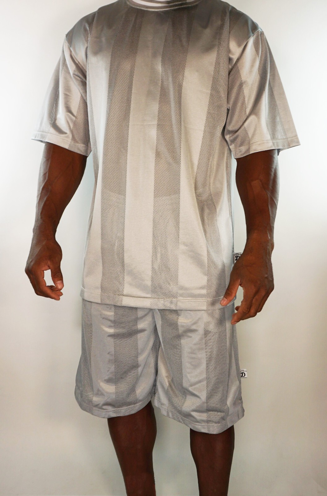 MEN'S 2 PIECE SILVER SEMI-SHEER CREW NECK SHIRT & SHORTS SET SIZE L gallery