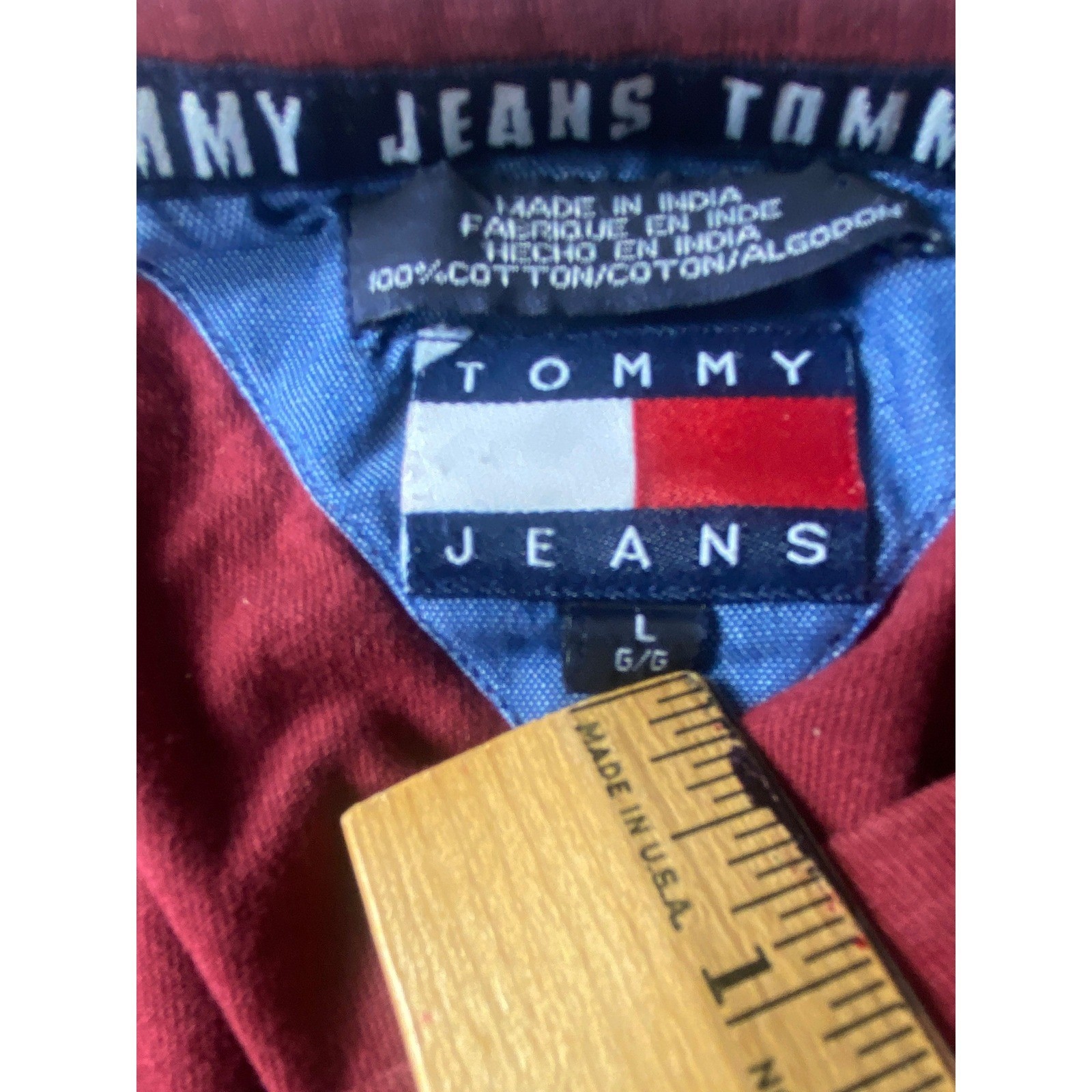 Vintage Tommy Jeans Mens Large Red V Neck Pocket T Shirt Flag Logo 90s gallery
