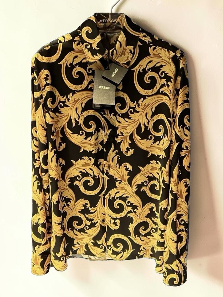 NWT Versace Informal Shirt Twill Poly Baroque Black & Gold 60IT 5XL Retail $1750