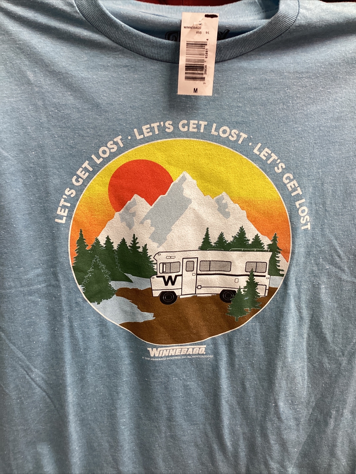 Winnebago Mens RV Camping T Shirt Blue “Let’s Get Lost” Motorhome Size Medium