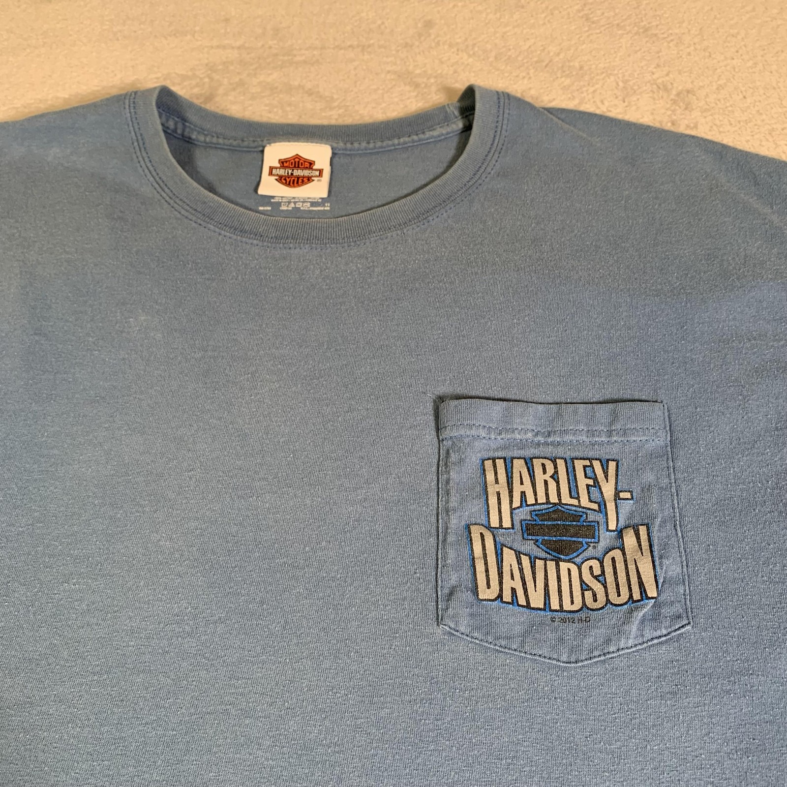 Harley Davidson Shirt Mens XL Blue Denney's Branson Missouri Pocket Graphic FLAW gallery