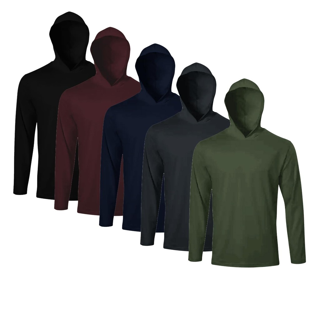 Men’s Long Sleeve Hooded Tees 5-Pack: Sun Protection for Work, Fishing, & Fun!