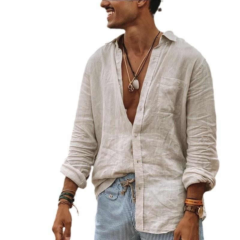 Casual Men Cotton Linen Shirt Long Sleeve Loose Blouse Button Down Shirts-Tops gallery