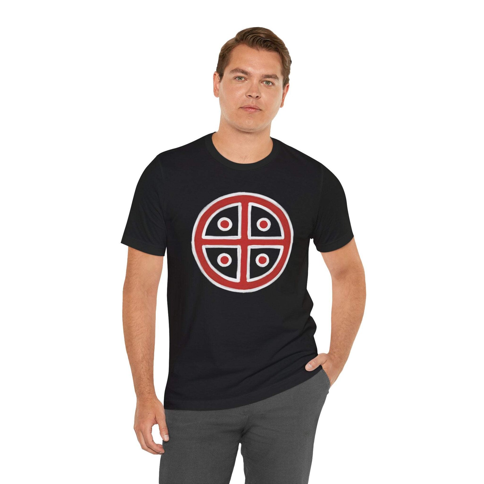 Red & White Solar Cross T-Shirt | Ancient Sun Symbol Graphic Tee Shirt gallery