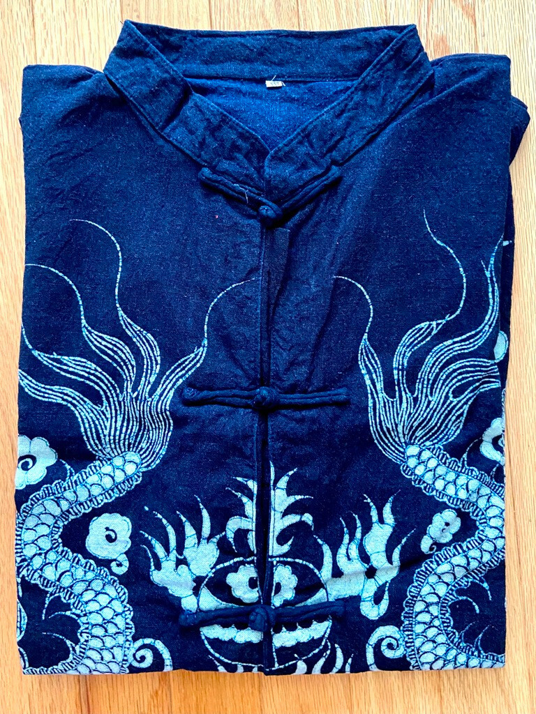 Rare Artistic Chinese Wax Printing Men's Top Double Dragon Cotton Stand Collar  gallery