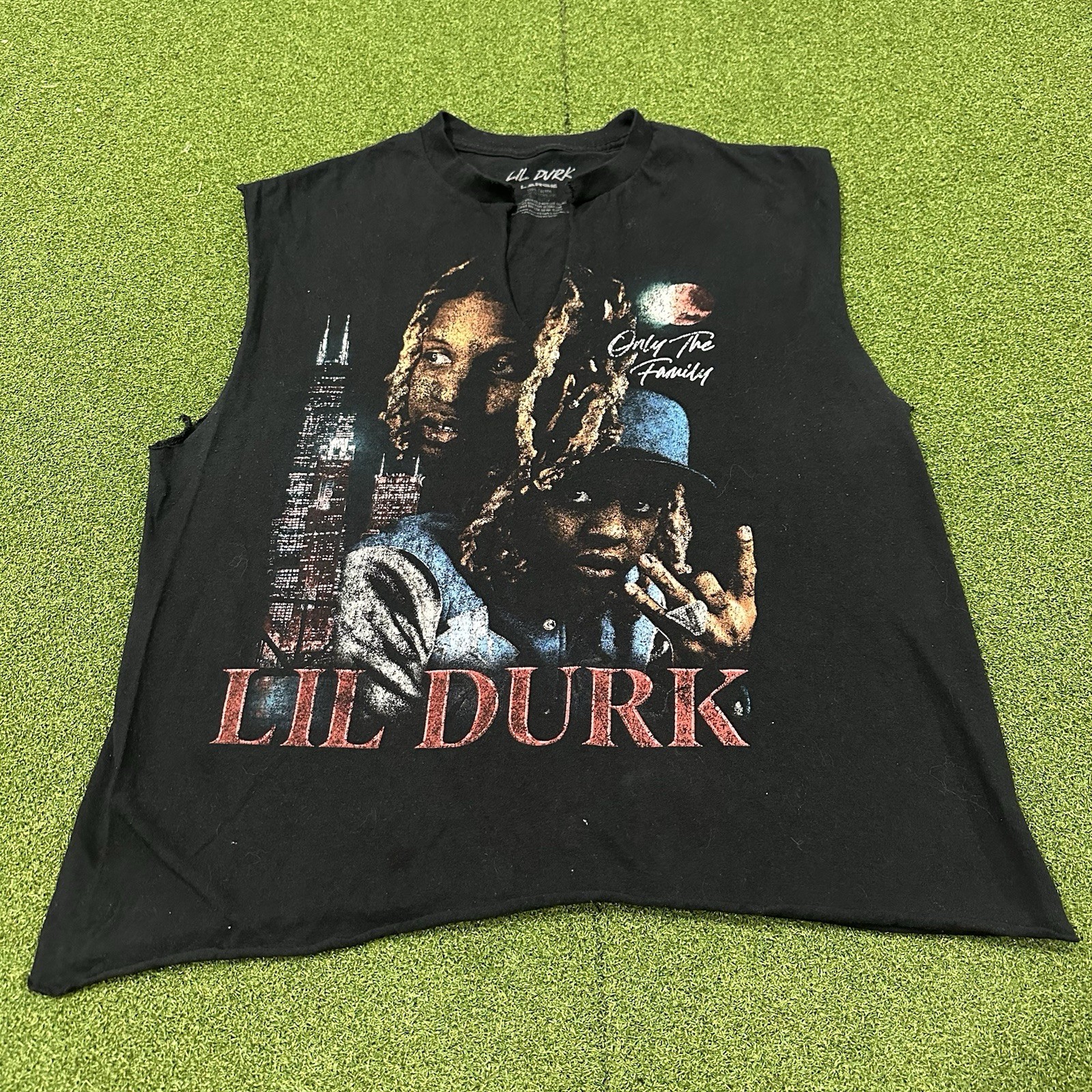 Lil Durk Only The Family OTF T-Shirt Adult Large Rap Tee Black Cutoff Distressed