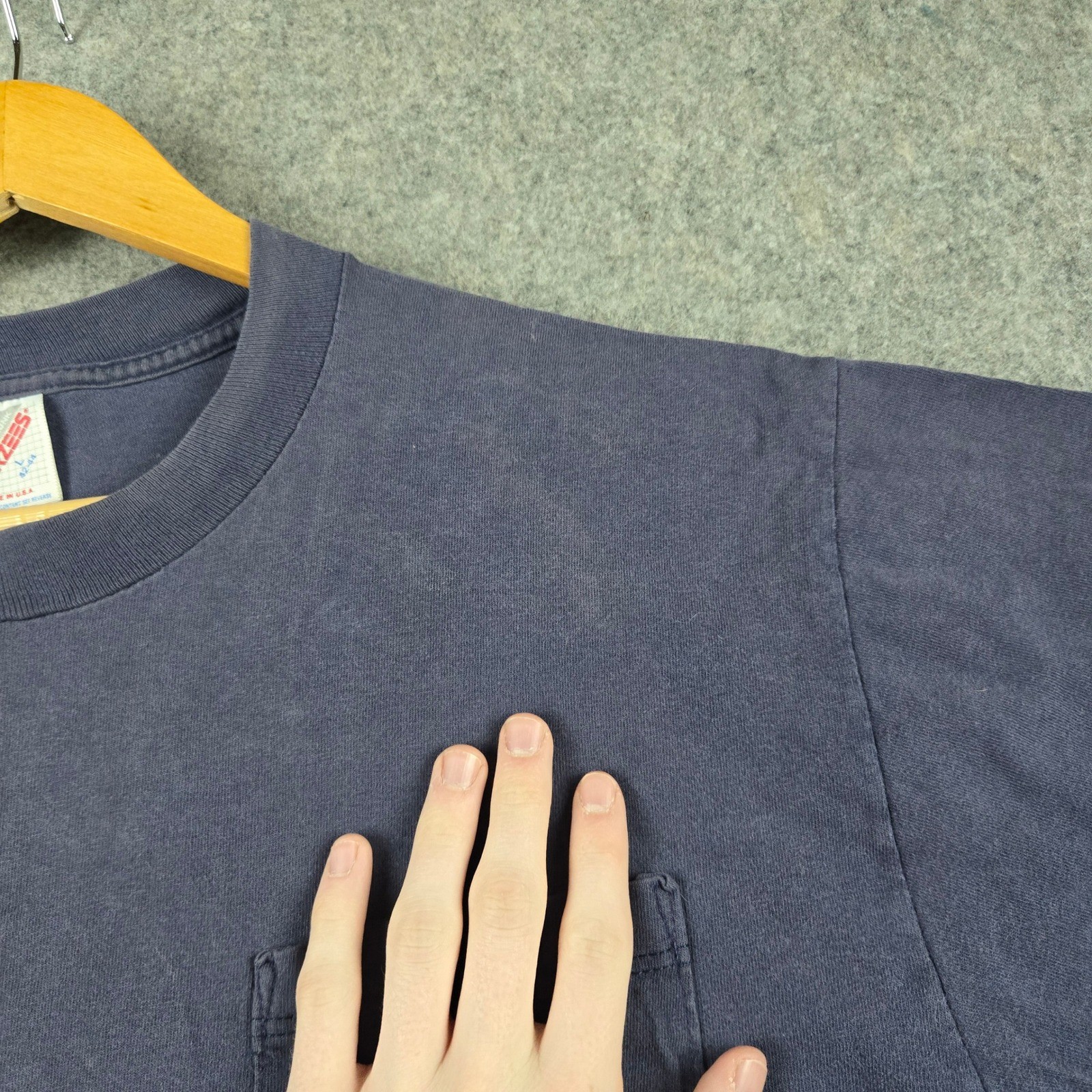 Vintage Pocket T-Shirt Mens Large Navy Blue Blank Distressed Faded 90s USA Made gallery