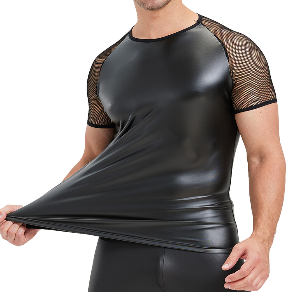 Men's Splicing Mesh Faux Leather Tops Slim Short Sleeve T-shirts Nightclub Tees gallery