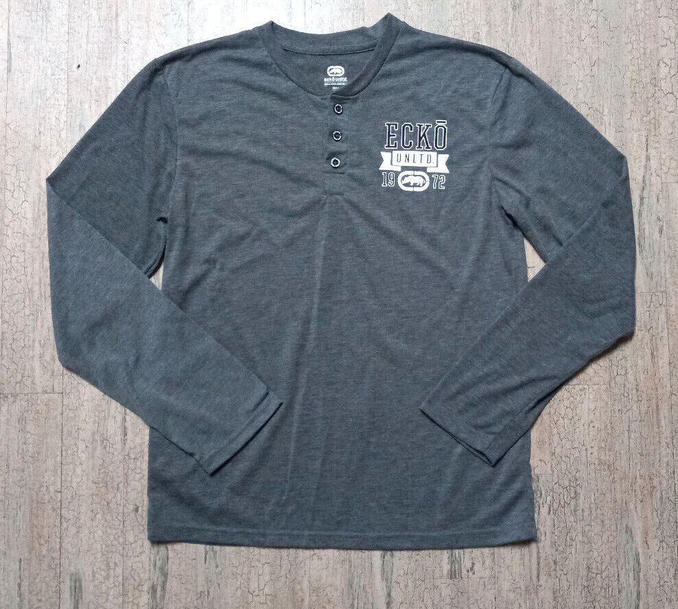 Ecko Shirt Men's Large Gray Crewneck Button Close Small Long Sleeve T-Shirt gallery