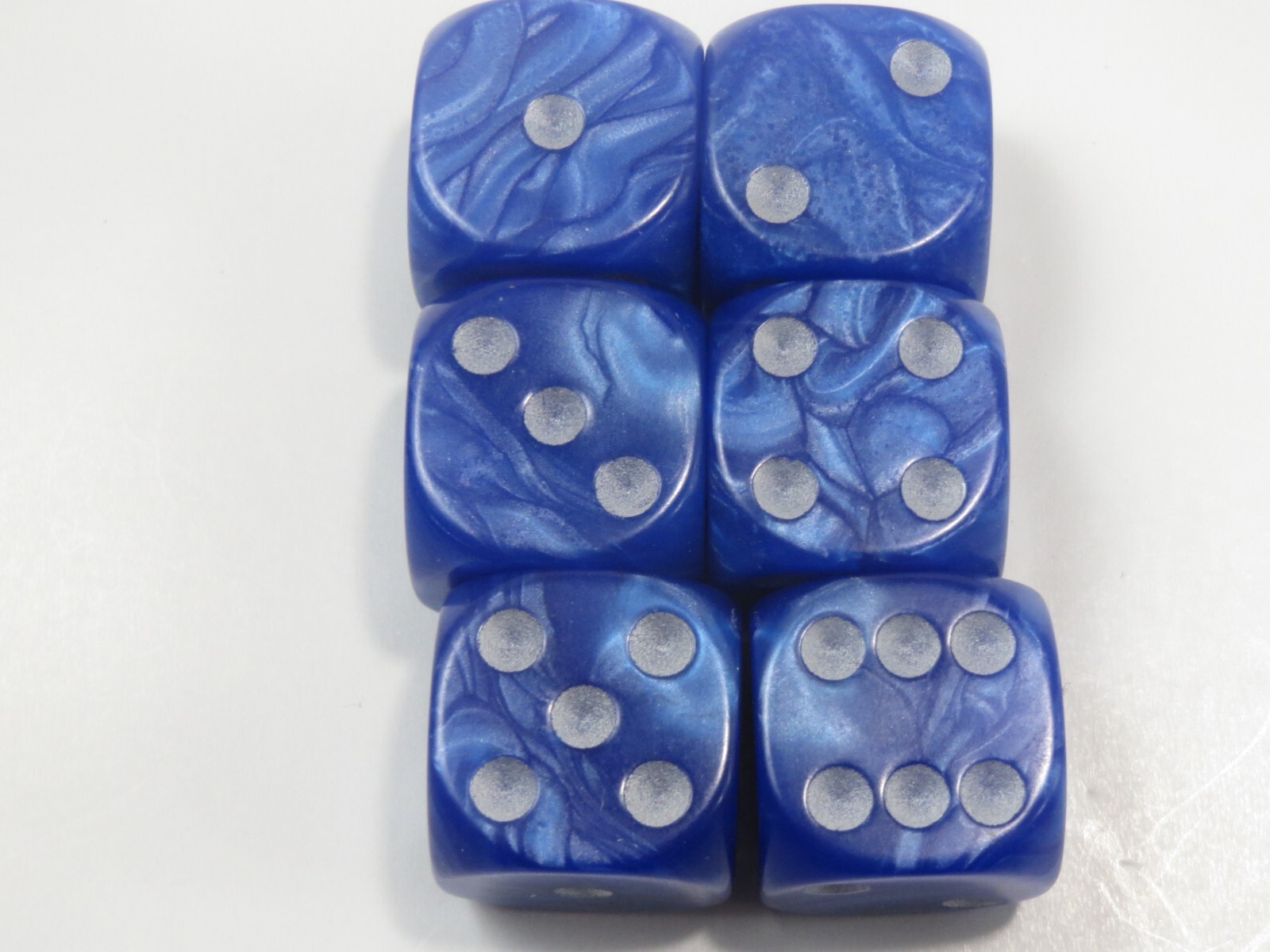 NEW Dice Set of 6 D6 (16mm) – Pearl Blue with Silver inking