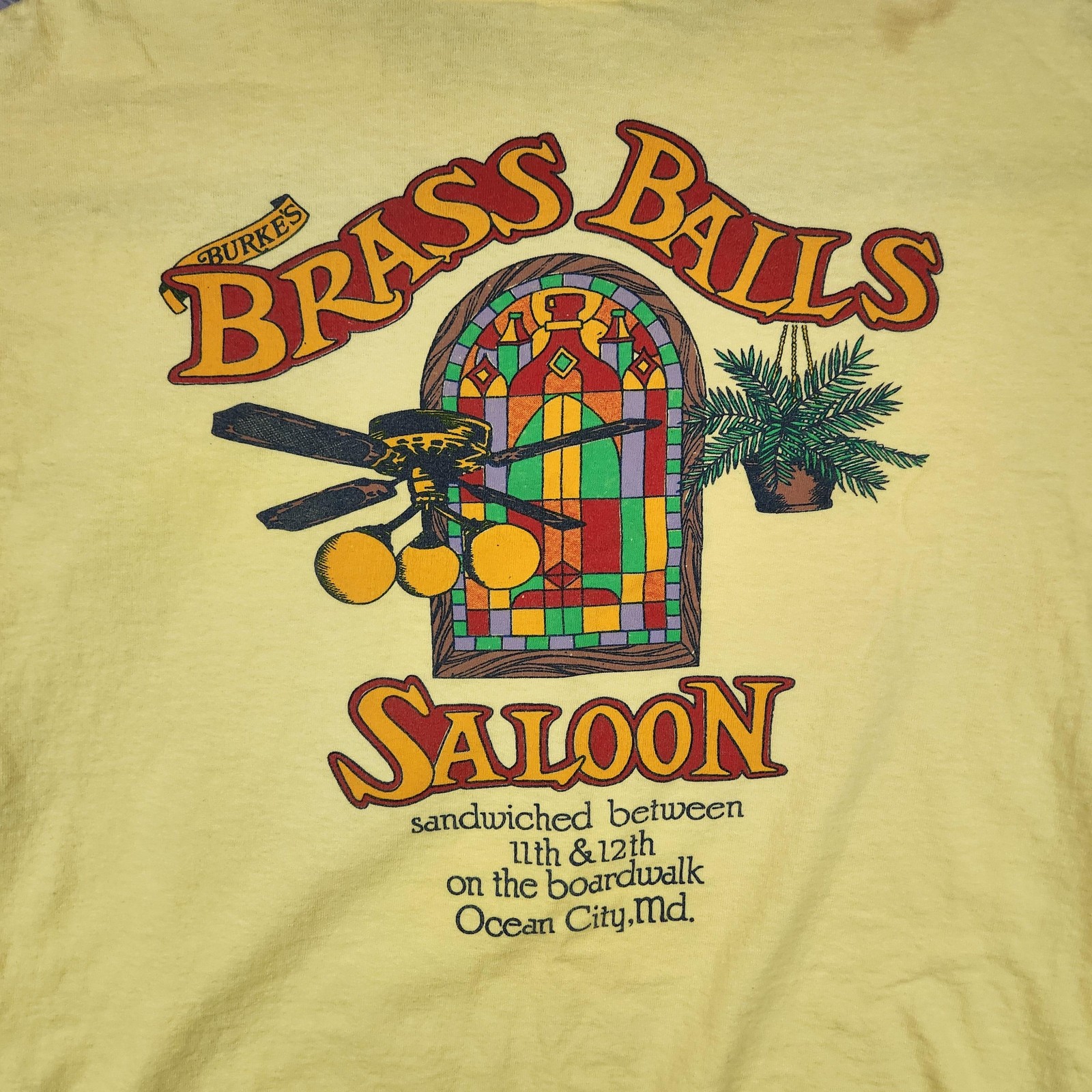 Vintage Brass Balls Saloon Shirt Mens Large Yellow Royal Ocean City 80s Graphic gallery