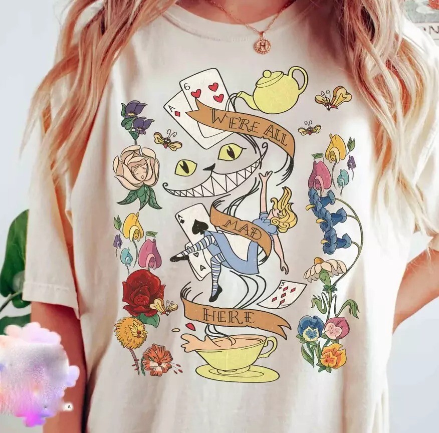Vintage Alice In Wonderland We'Re All Mad Here T-Shirt, Alice Mad Hatter S-5XL gallery