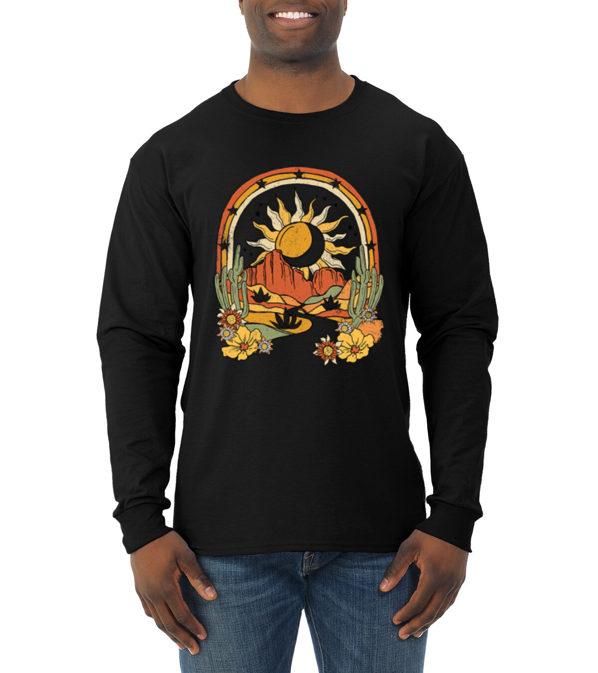 Adventure Sun With Cacti In the Desert With Flowers Men Long Sleeve Shirt