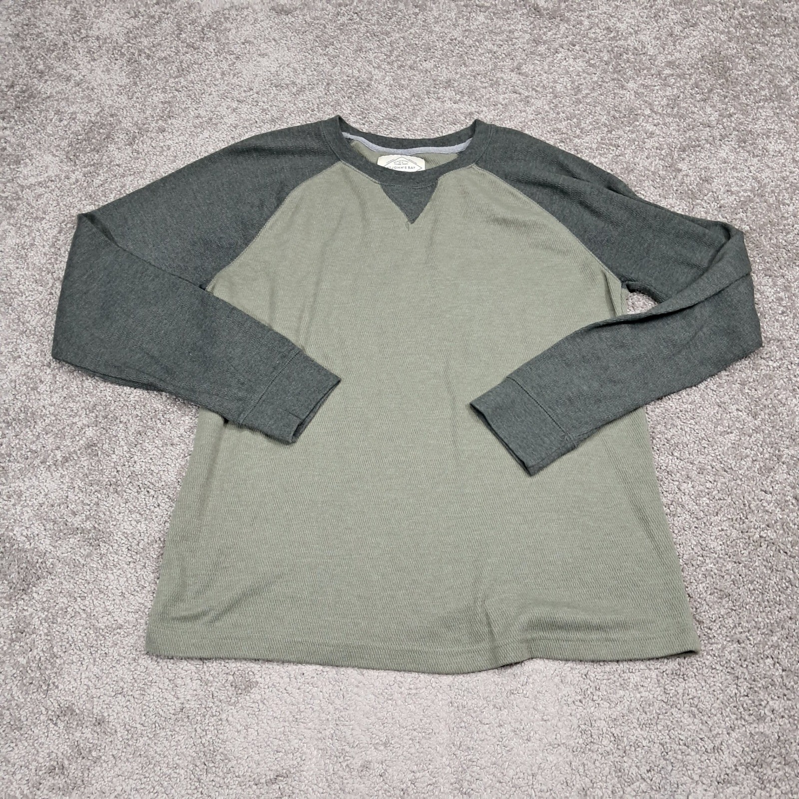 St Johns Bay Mens Large Thermal Raglan Shirt Olive Green Charcoal Grey Waffle