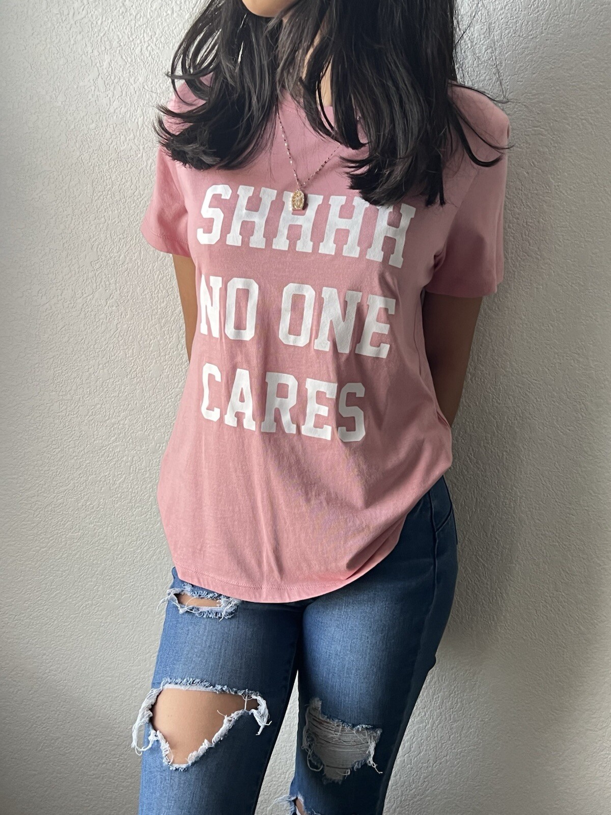 Trendy Pink Graphic Tee – "Shhhh No One Cares" Statement Shirt – Size LARGE gallery