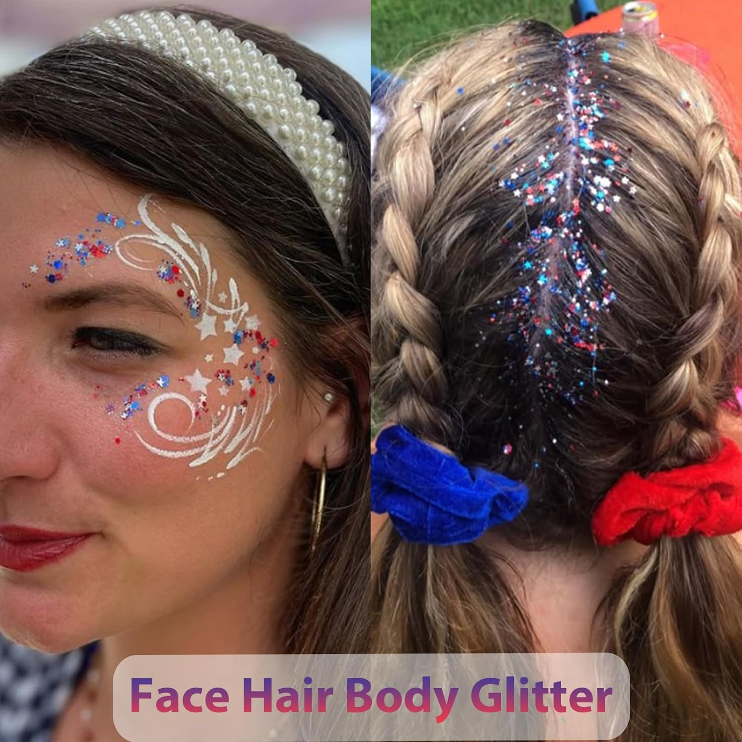 Patriotic USA Flag Face Hair Glitter for Independence Day Memorial Day Veterans gallery
