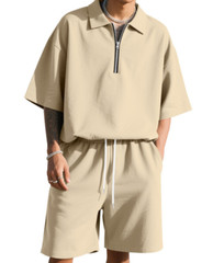 Men 2 Pieces Outfits Casual Quarter Zip Shirt and Shorts Set Summer Hip Hop Sets