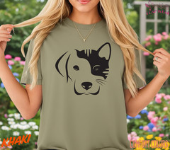 Dog and Cat Split Face T-Shirt – Minimalist Pet Lover Graphic Tee – Cute Dog Cat
