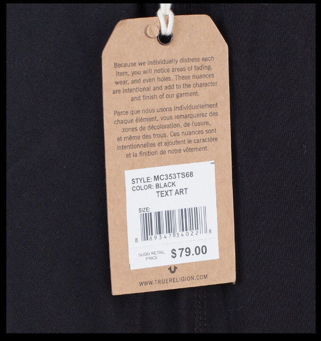 $79 TRUE RELIGION Black TEXT ART Short Sleeve Designer Graphic T-shirt NWT gallery