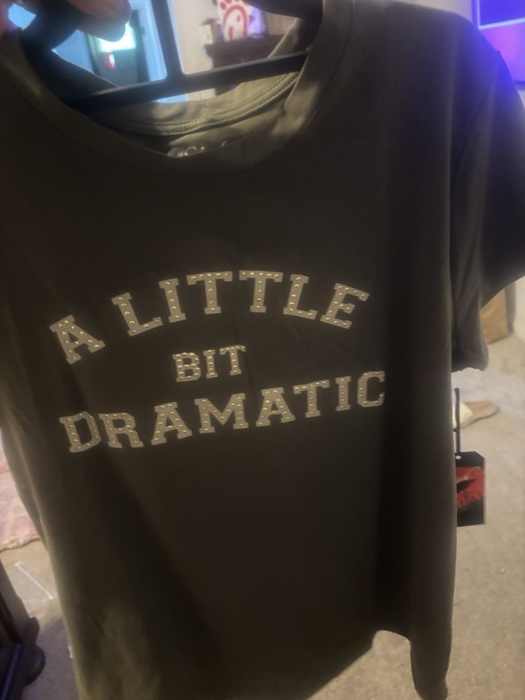 Black Funny Graphic Tee “A Little Bit Dramatic” Crew Neck Glitter L/XL