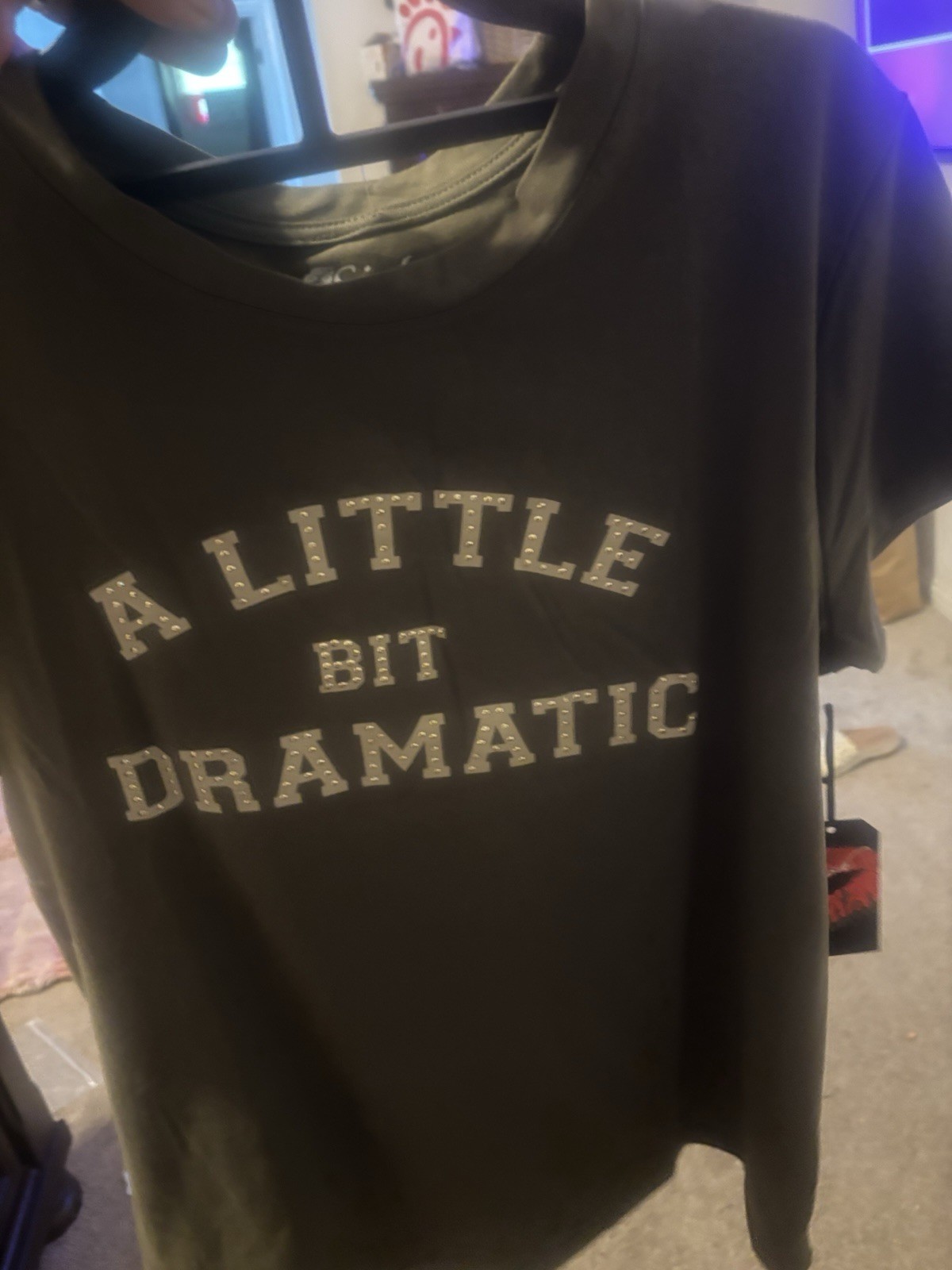 Black Funny Graphic Tee “A Little Bit Dramatic” Crew Neck Glitter L/XL
