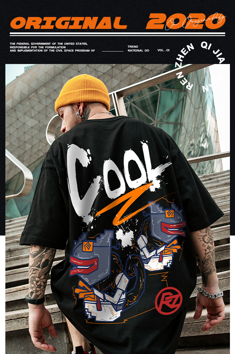 Men's Summer Casual Streetwear Drop Shoulder Baggy Loose T-Shirt Hip Pop Tee gallery