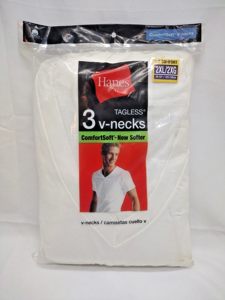 Hanes Men’s 3 Pack Tagless ComfortSoft V-Neck White SS T-Shirts Size 2XL 50-52″