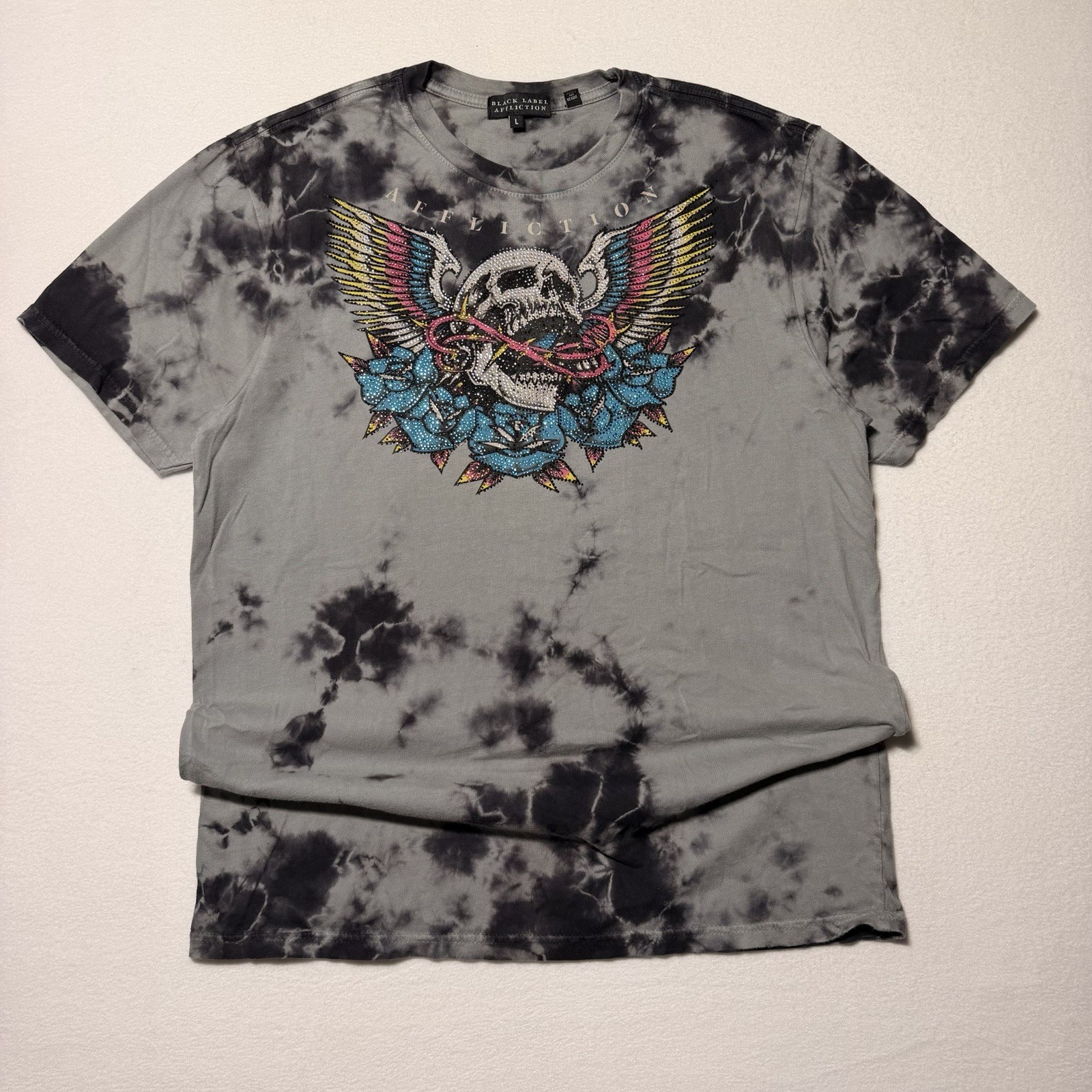 Affliction Black Label Twisted Grin Y2K Castor Grey Black Crystal Wash Shirt L