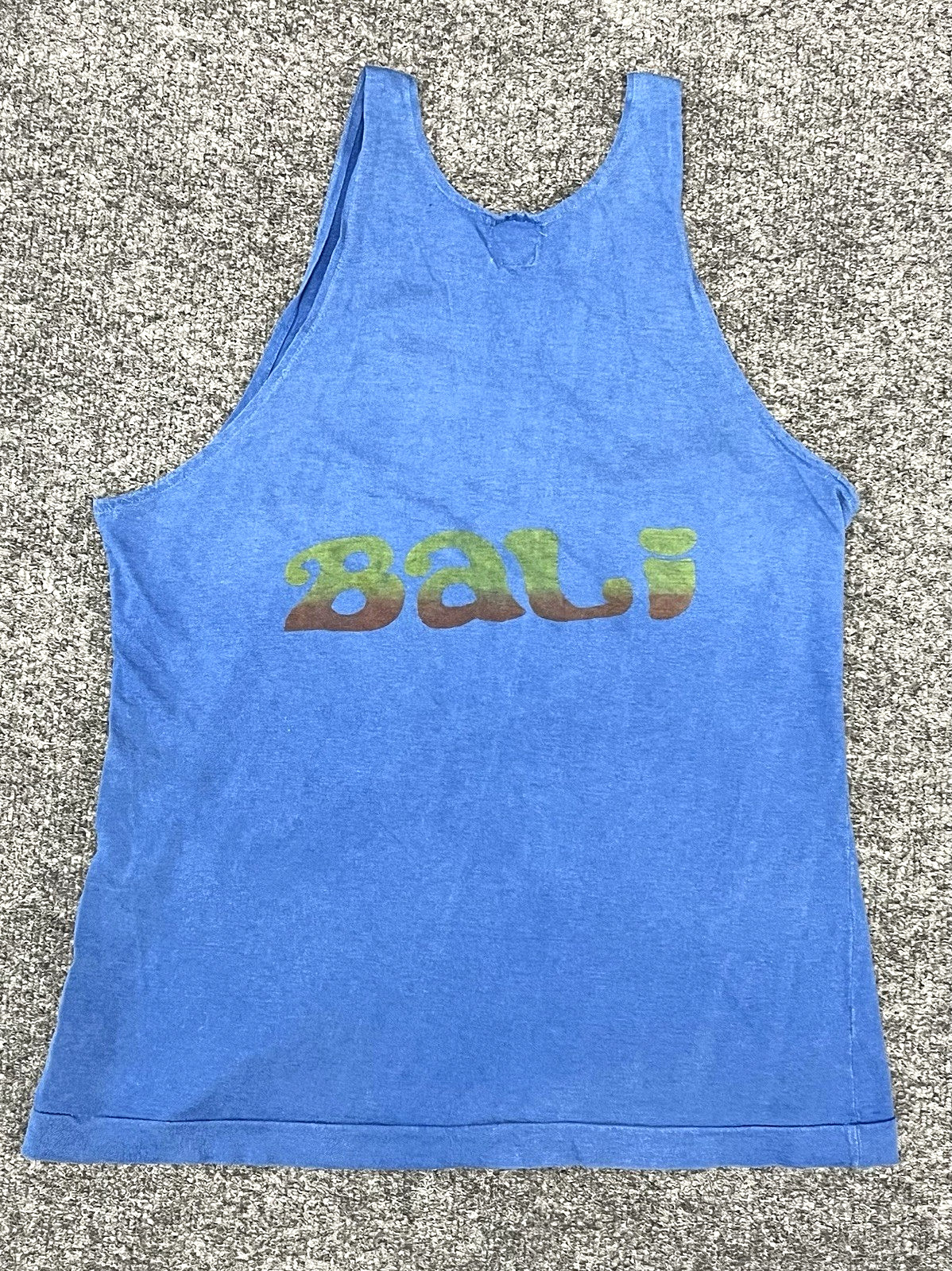 Vintage 1970s Blue Bali Tank Top 777 Aseli Tag Rare Double-Sided Travel Souvenir gallery