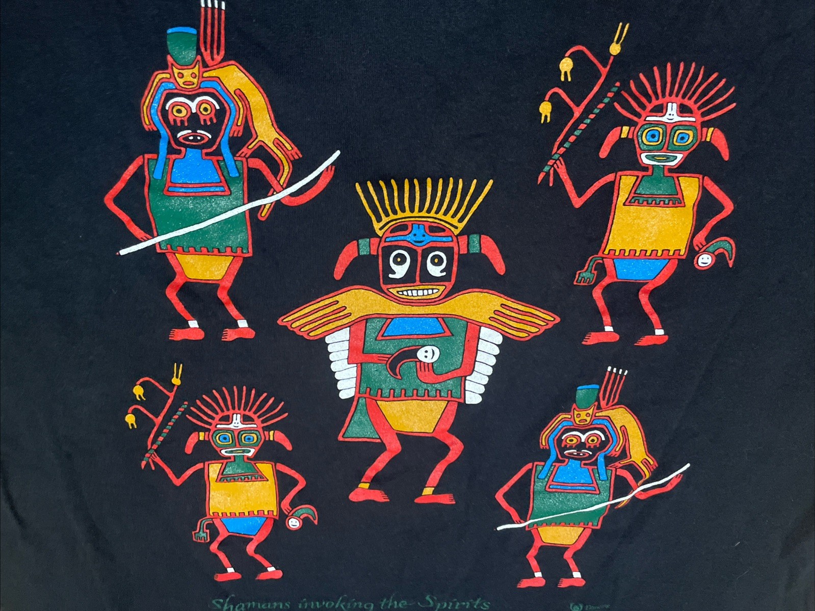 Vintage 90s Peru Shaman Shirt Size Large Indigenous Tribe Cultural Tee Black gallery