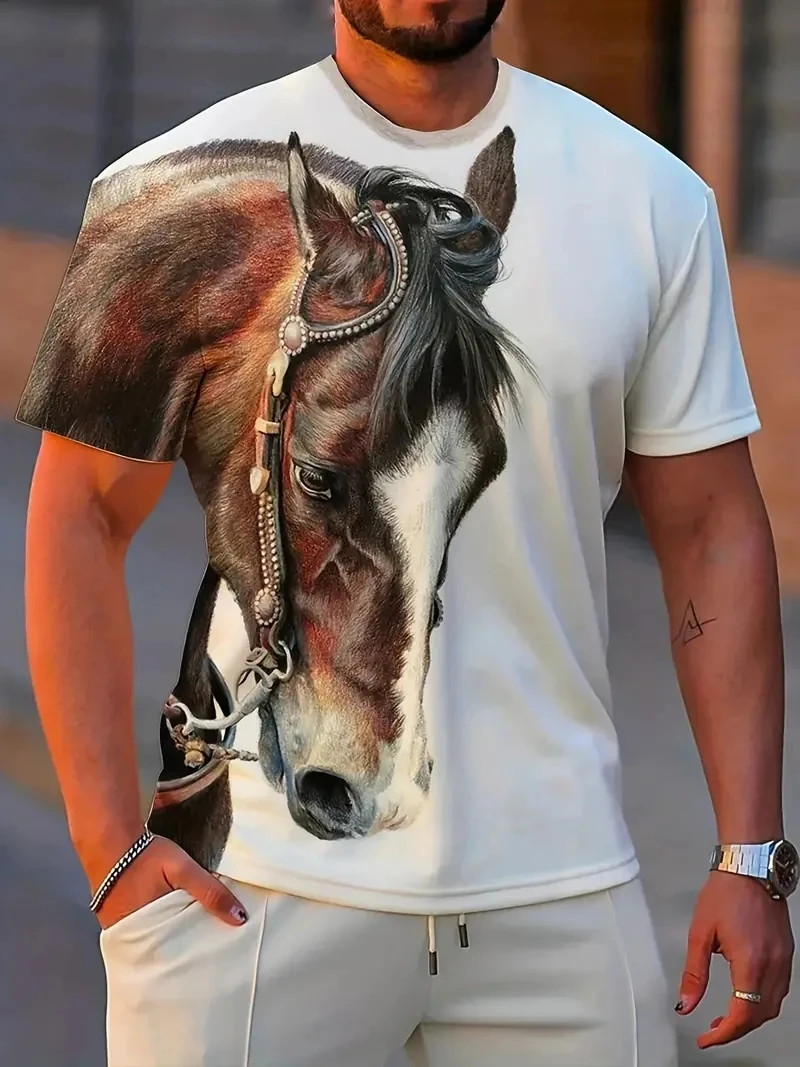 Mens 3D Horse Graphic T-Shirt Short Sleeve Animal Print Streetwear Tee gallery