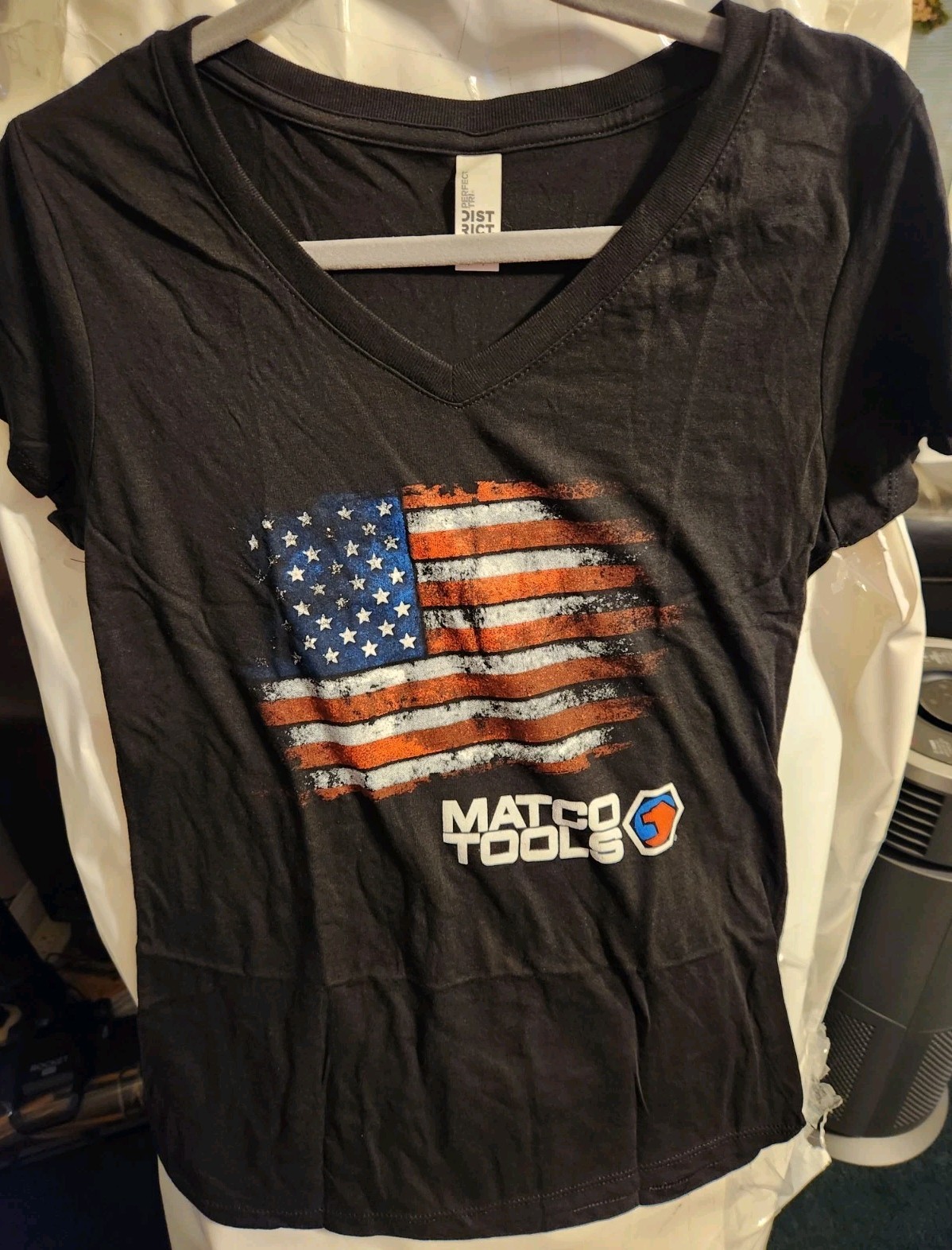 Matco Tools Tri V-Neck Tee Sz Small Womens Shirt American Flag Print Black