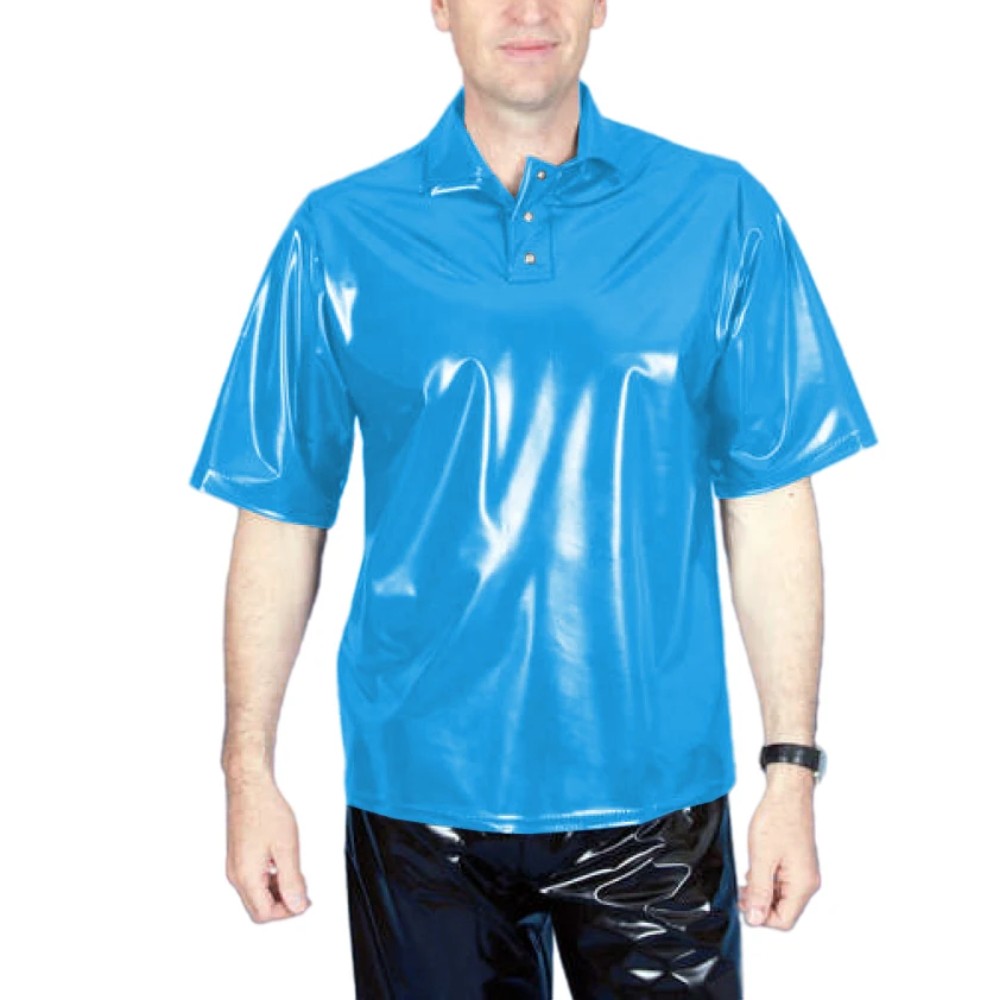 Men's PVC Wet Look T-Shirt Turn Down Neck Button Everyday Wear Casual Loose Top gallery