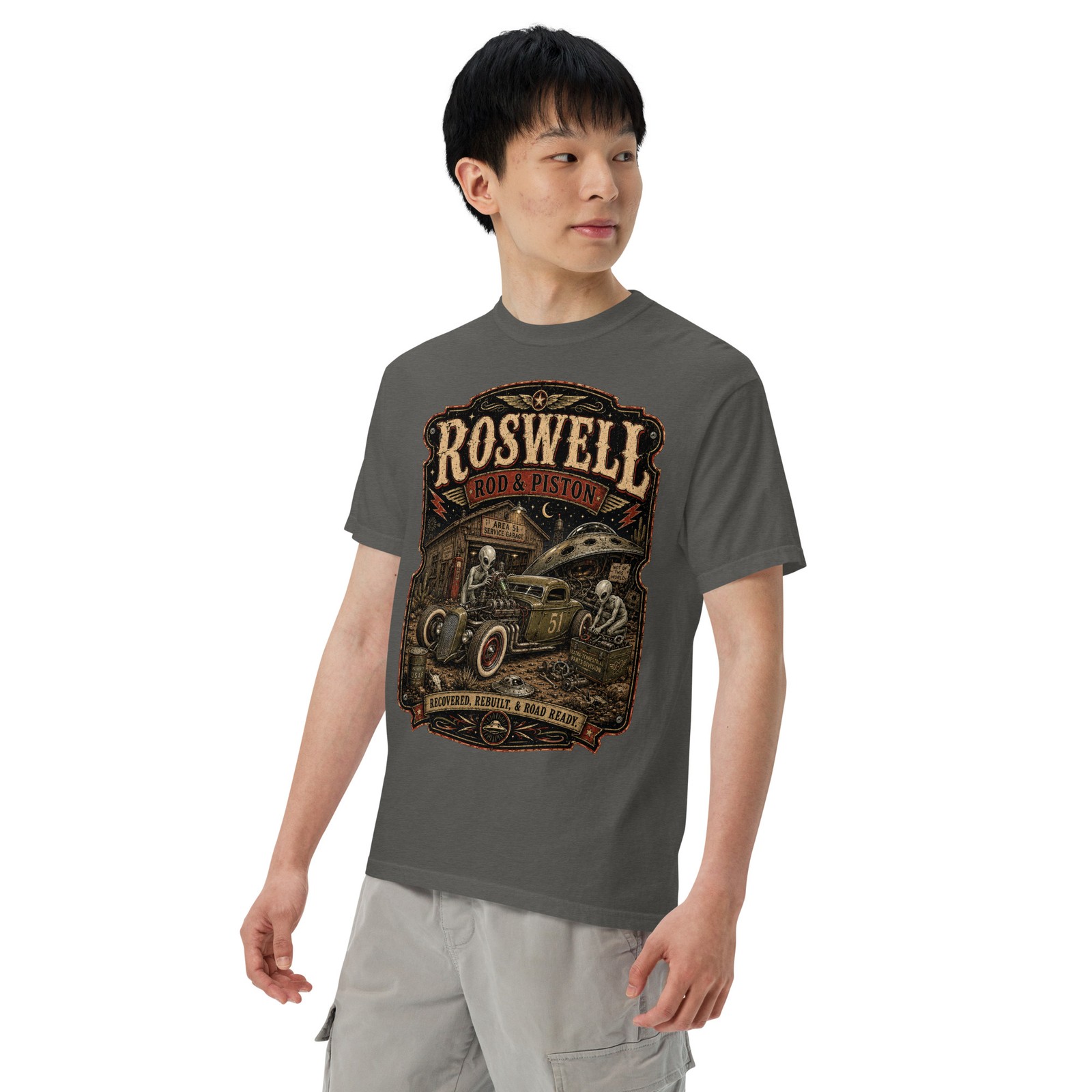 Roswell Rod & Piston Alien Garage T-Shirt Hot Rod Flying Saucer UFO Tee S-4XL gallery