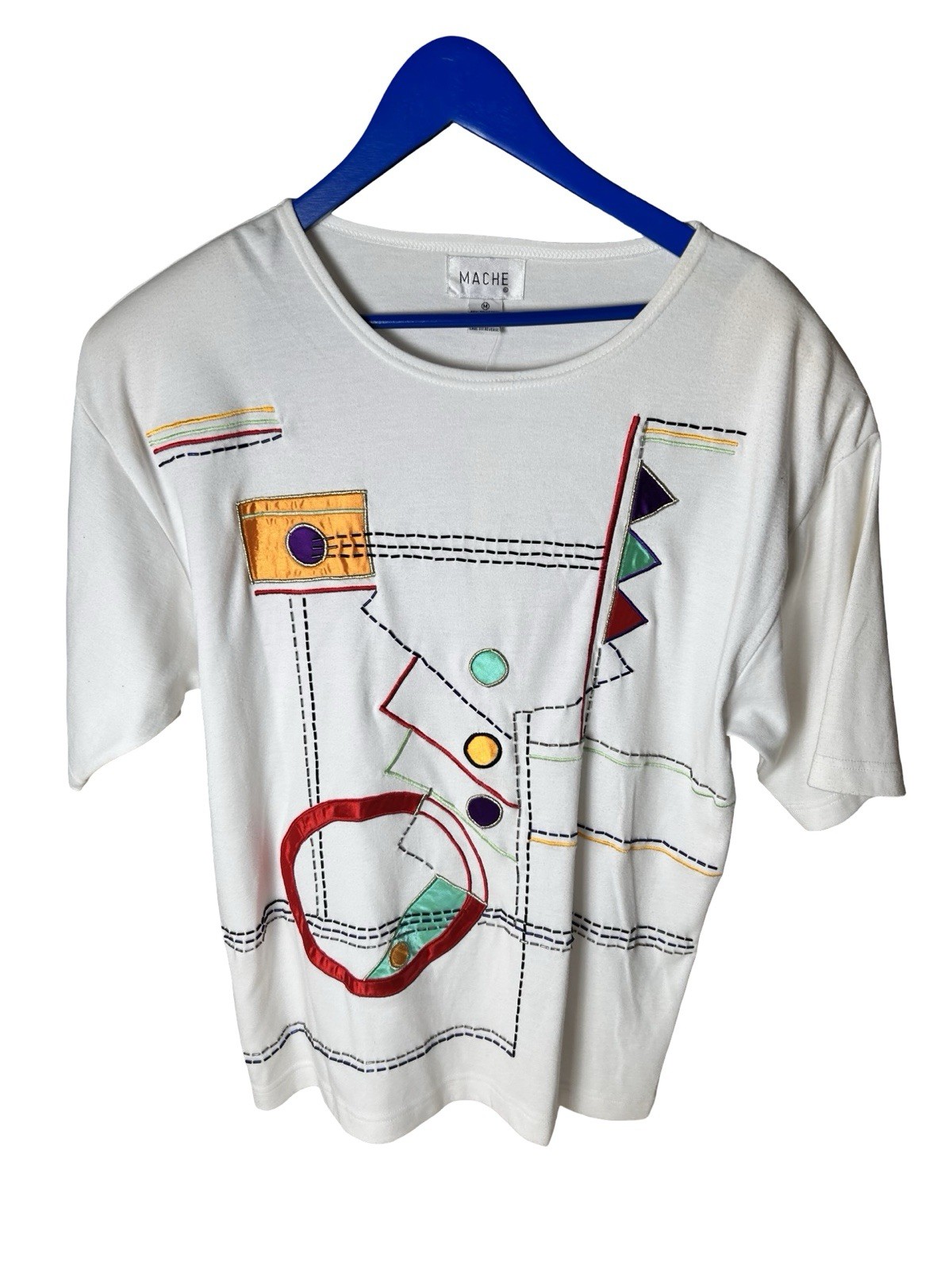 Mache Embellished Structured T-shirt Sz M White Colorful Geometric Appliqué READ gallery