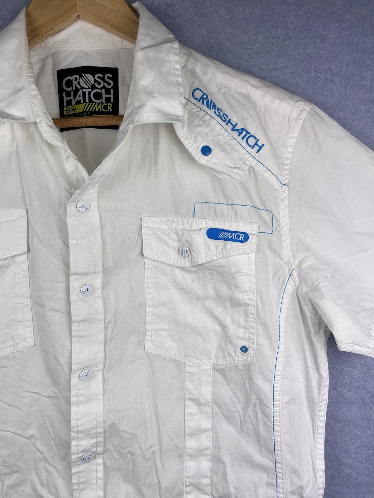 Mens Shirt Collared Shirt Size L Large White Pockets Press Stud Buttons gallery
