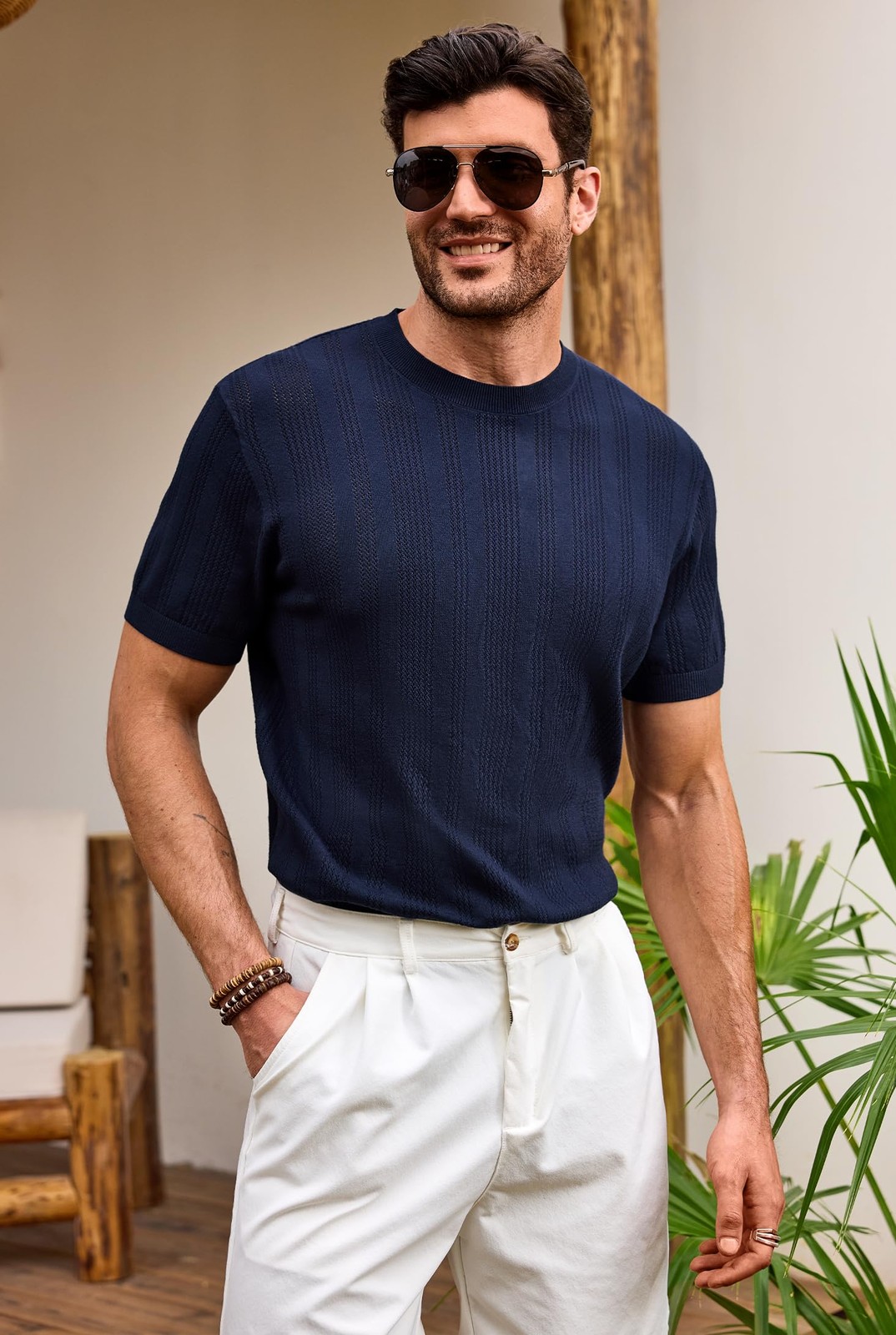 Mens Knit Tshirt Stylish Trendy T-Shirt Breathable Spring Shirts Crochet Vint... gallery